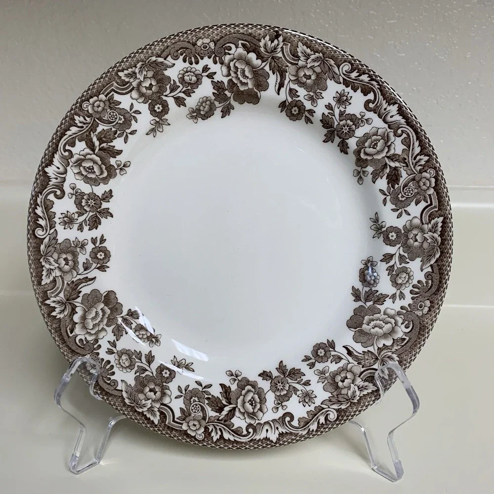 3 Spode Delamere Brown Earthenware Salad Plate England Imperial Flower Rim 7 7/8
